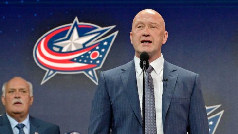 Columbus Blue Jackets' Jarmo Kekalainen announces David Jiricek as the number six overall pick to the Columbus Blue Jackets in the first round of the 2022 NHL Draft at Bell Centre.