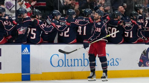 Columbus Blue Jackets center Boone Jenner celebrates a goal 