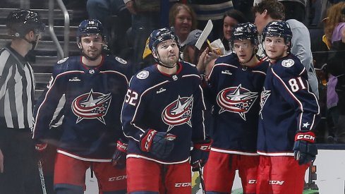 Columbus Blue Jackets' Emil Bemstrom celebrates his goal against the Pittsburgh Penguins during the third period at Nationwide Arena.