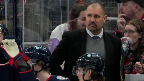 Columbus Blue Jackets head coach Brad Larsen looks on during the first period against the Ottawa Senators at Nationwide Arena.