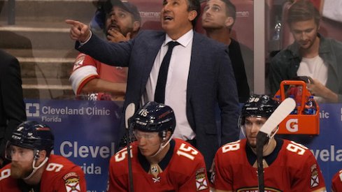 Florida Panthers interim head coach Andrew Brunette gestures from the bench during the third period of game five of the first round of the 2022 Stanley Cup Playoffs against the Washington Capitals at FLA Live Arena.