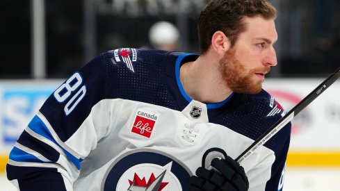 Pierre-Luc Dubois skates before a playoff game for the Winnipeg Jets