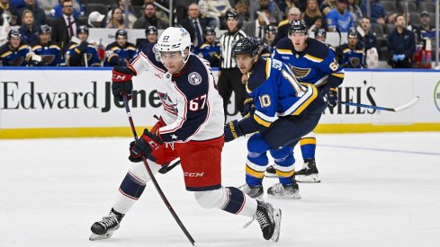 Columbus Blue Jackets forward prospect James Malatesta skates in a preseason game