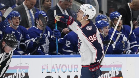 Jack Roslovic celebrates his goal against the Toronto Maple Leafs 