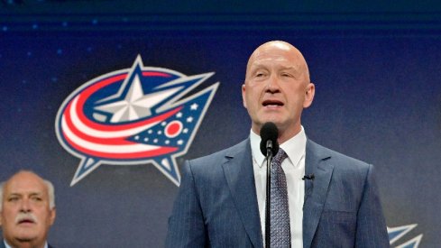 Columbus Blue Jackets general manager Jarmo Kekalainen announces David Jiricek (not pictured) as the number six overall pick to the Columbus Blue Jackets in the first round of the 2022 NHL Draft at Bell Centre.