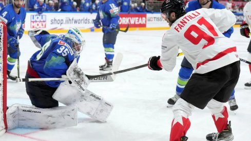 Team Canada's Adam Fantilli during the Group B match against Slovenia