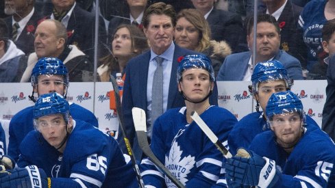 Toronto Maple Leafs head coach Mike Babcock watches the play during the second period against the Philadelphia Flyers at Scotiabank Arena.