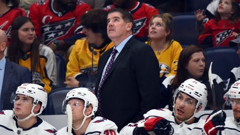 Washington Capitals head coach Peter Laviolette watches from the bench during the first period against the Nashville Predators at Bridgestone Arena.