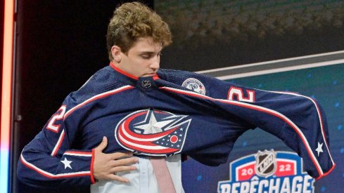 Denton Mateychuk after being selected as the number twelve overall pick to the Columbus Blue Jackets in the first round of the 2022 NHL Draft at Bell Centre.