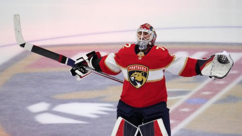 Florida Panthers' Sergei Bobrovsky takes the ice prior to game four of the Eastern Conference Finals of the 2023 Stanley Cup Playoffs against the Carolina Hurricanes at FLA Live Arena.