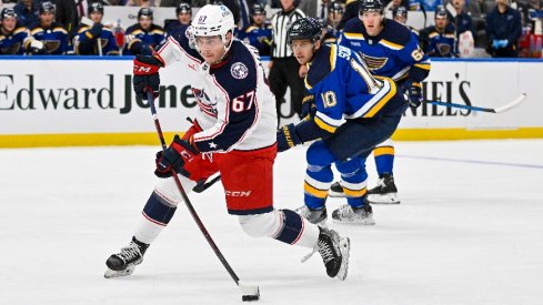 Columbus Blue Jackets forward James Malatesta (67) shoots against the St. Louis Blues during the first period at Enterprise Center.