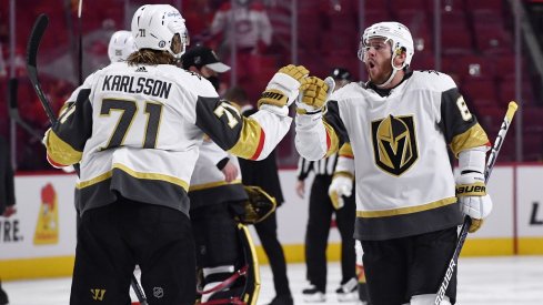 William Karlsson and forward Jonathan Marchessault celebrate together