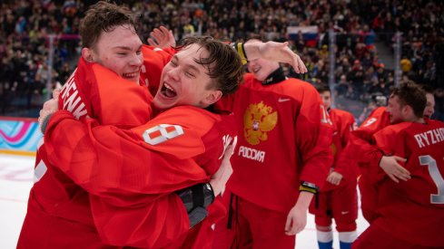 Ivan Miroshnichenko and Mikhail Gulyayev celebrate their victory in the RUS v USA Final of the Ice Hockey 6-Teams Men's competition at Vaudoise Arena. The Winter Youth Olympic Games.