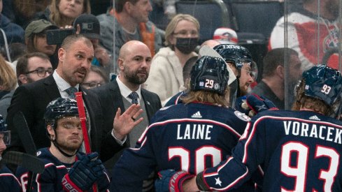 Columbus Blue Jackets head coach Brad Larsen talks with his team during a time out in the third period against the St. Louis Blues at Nationwide Arena.