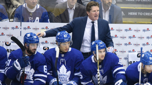 Toronto Maple Leafs head coach Mike Babcock watches the action during the first period against the St. Louis Blues at Scotiabank Arena.