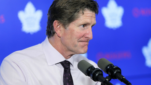 Then-Toronto Maple Leafs head coach Mike Babcock during a post game media conference