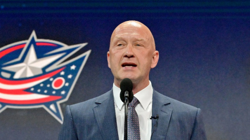 Columbus Blue Jackets general manager Jarmo Kekalainen announces David Jiricek (not pictured) as the number six overall pick to the Columbus Blue Jackets in the first round of the 2022 NHL Draft at Bell Centre