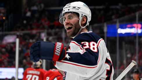 Columbus Blue Jackets center Boone Jenner (38) reacts after scoring a goal against the Washington Capitals during the third period at Capital One Arena.