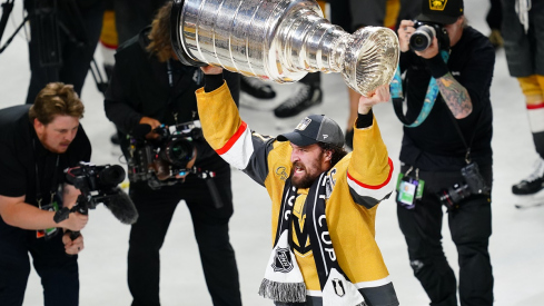 Vegas Golden Knights captain Mark Stone hoists the Stanley Cup