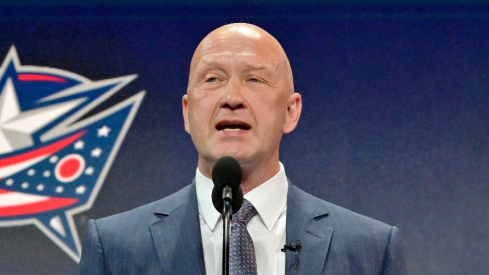 Columbus Blue Jackets general manager Jarmo Kekalainen announces David Jiricek (not pictured) as the number six overall pick to the Columbus Blue Jackets in the first round of the 2022 NHL Draft at Bell Centre.