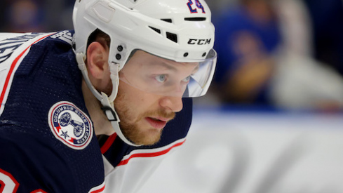 Columbus Blue Jackets right wing Mathieu Olivier (24) waits for the face-off during the second period against the Buffalo Sabres at KeyBank Center.