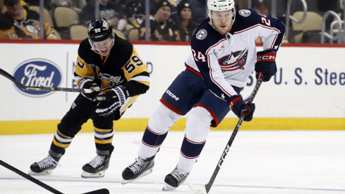 Mathieu Olivier skates with the puck against the Pittsburgh Penguins