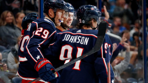 Columbus Blue Jackets left wing Patrik Laine (29) celebrates his goal with forward Kent Johnson (91) during the second period against the Pittsburgh Penguins at Nationwide Arena.