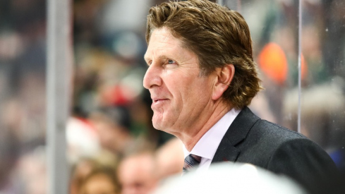 Toronto Maple Leafs Head Coach Mike Babcock looks on during the game against the Minnesota Wild in the 3rd period at Xcel Energy Center. The Toronto Maple Leafs defeated the Minnesota Wild 5-3.