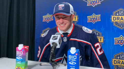 Gavin Brindley speaks to the media after being drafted by the Blue Jackets.