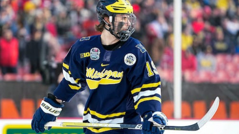 Michigan Wolverines forward Adam Fantilli (19) skates during the Faceoff on the Lake outdoor NCAA men s hockey game against the Ohio State Buckeyes at FirstEnergy Stadium.