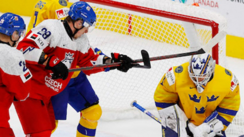 eam Sweden goaltender Jesper Wallstedt (1) makes a save while Team Czechia forward Martin Rysavy (29) looks for a rebound during the third period in the third place game during the IIHF U20 Ice Hockey World Championship at Rogers Place.