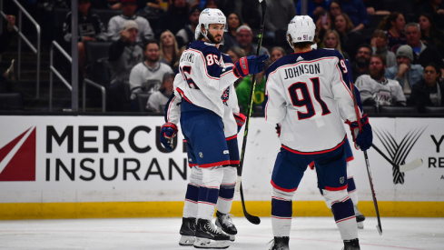 Columbus Blue Jackets' Kirill Marchenko celebrates his goal scored against the Los Angeles Kings with Kent Johnson during the third period at Crypto.com Arena.