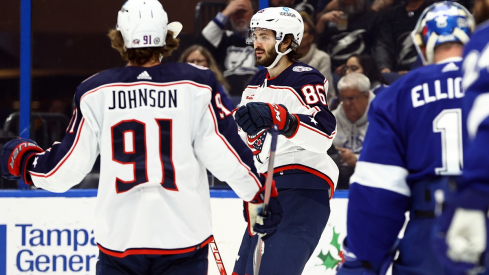 Kirill Marchenko is congratulated by Kent Johnson after scoring a goal