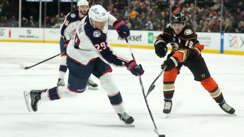 Columbus Blue Jackets left wing Patrik Laine (29) shoots the puck against Anaheim Ducks right wing Troy Terry (19) in the third period at Honda Center.