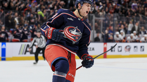 Columbus Blue Jackets right wing Yegor Chinakhov (59) yells as he celebrates scoring a power play goal against the New York Islanders in the second period at Nationwide Arena.