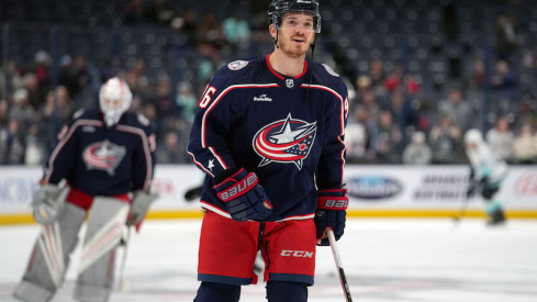 Columbus Blue Jackets' Jack Roslovic skates in warm-ups prior to the game against the Seattle Kraken at Nationwide Arena.