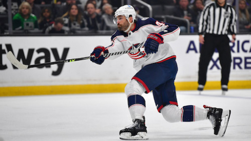 Columbus Blue Jackets defenseman Erik Gudbranson (44) shoots on goal against the Los Angeles Kings during the first period at Crypto.com Arena.