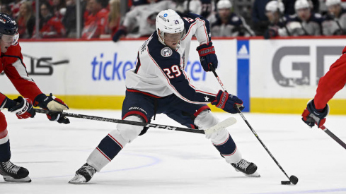 Columbus Blue Jackets' Patrik Laine handles the puck against the Washington Capitals during the third period at Capital One Arena.