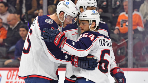 Trey Fix-Wolansky celebrates with David Jiricek against the Philadelphia Flyers