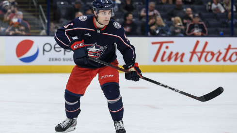 Columbus Blue Jackets defenseman Denton Mateychuk skates in the 2022 preseason