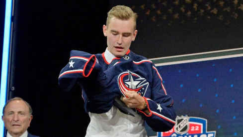 David Jiricek after being selected as the number six overall pick to the Columbus Blue Jackets in the first round of the 2022 NHL Draft at Bell Centre.