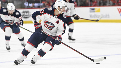 Columbus Blue Jackets' Johnny Gaudreau advances the puck against the Washington Capitals during the third period at Capital One Arena.