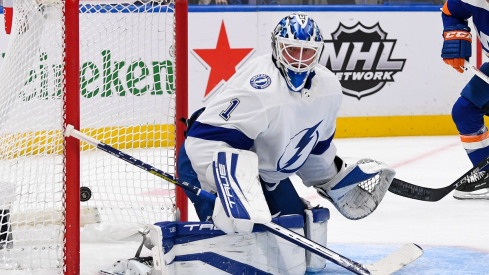 Tampa Bay Lightning goaltender Brian Elliott reacts to a shot