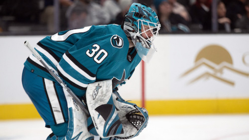 San Jose Sharks goaltender Aaron Dell (30) awaits the resumption of play against the Pittsburgh Penguins during the third period at SAP Center at San Jose.