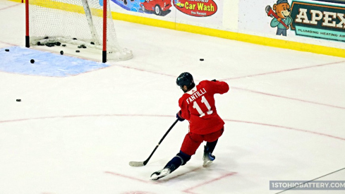 Columbus Blue Jackets forward Adam Fantilli takes a one-timer at practice ahead of the team's trip to Traverse City for the NHL Prospects Tournament.