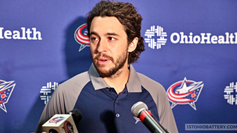 Columbus Blue Jackets forward Johnny Gaudreau speaks to the media at Nationwide Arena.
