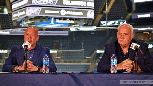 Columbus Blue Jackets president of hockey operations John Davidson and general manager Jarmo Kekalainen address the media at the team's annual media luncheon.