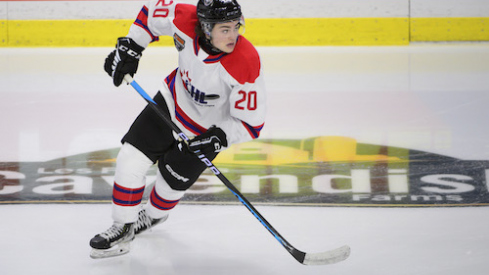 CHL Top Prospects team white forward Luca Pinelli (20) skates during the second period in the 2023 CHL Top Prospects ice hockey game at Langley Events Centre.