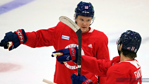 Dmitri Voronkov and Adam Fantilli on the first day of practice at Nationwide Arena.