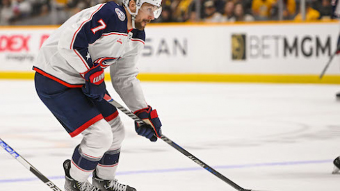 Columbus Blue Jackets center Sean Kuraly (7) skates against the Nashville Predators during the second period at Bridgestone Arena.